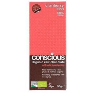 Conscious Organic Raw Chocolate Rice Syrup Cranberry Kiss 50gm