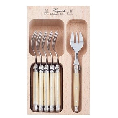 Veggie Meals - Laguiole  Andre Verdier Debutant 6 piece cake fork Set in wooden box Corne