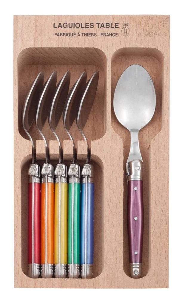 Veggie Meals - Laguiole  Andre Verdier Debutant 6 piece Teaspoon Set in wooden box Mixed Original