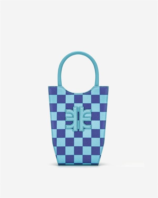 Veggie Meals - FEI Checkerboard Mini Tote Bag - Light Blue & Dark Blue - Fashion Women Vegan Bag