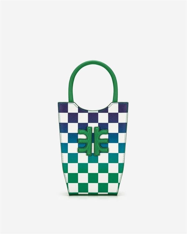 Veggie Meals - FEI Gradient Checkerboard Mini Tote Bag - Grass Green & Dark Blue - Fashion Women Vegan Bag