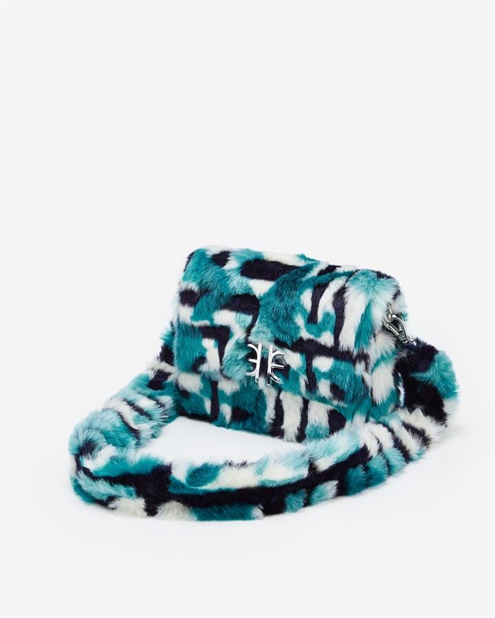 Veggie Meals - Mini Flap Faux Fur Fabric Bag - Peacock Blue